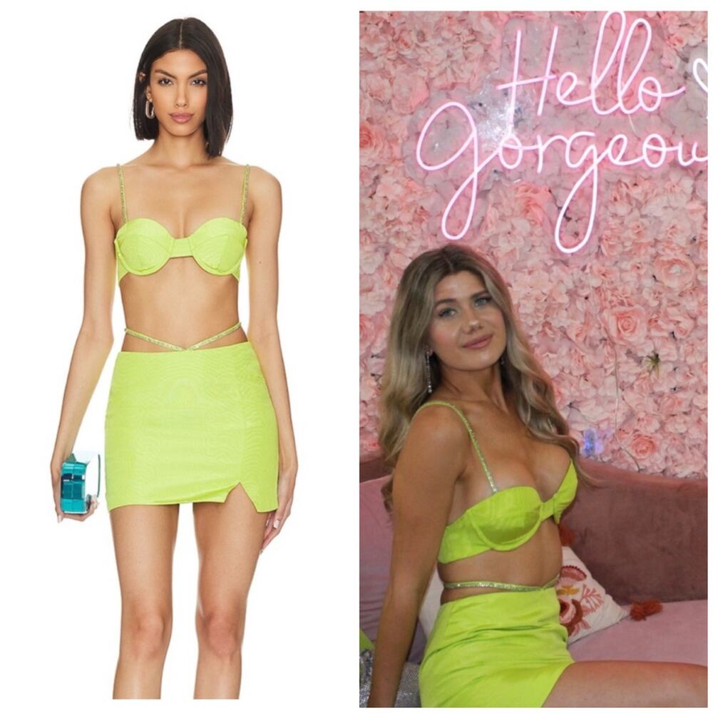 NWT Camila Coelho Crystal Bralette and Hannah Mini Skirt Set Size Small Lime